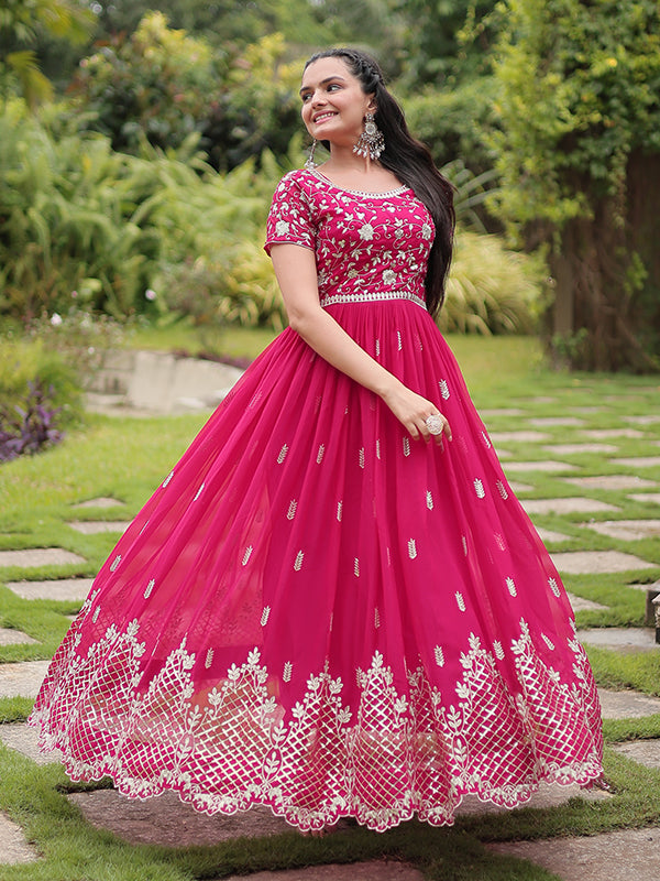 Pink Faux Blooming With Embroidery Zari Sequins Gown