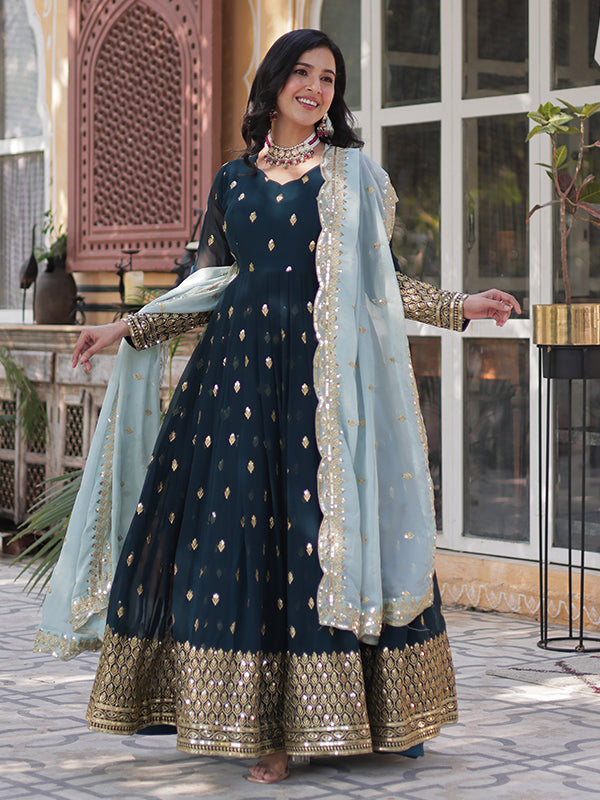 Teal Faux Blooming Sequins Embroidered Gown With Dupatta