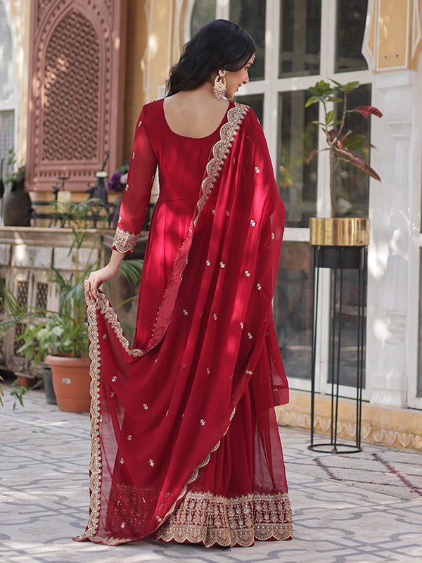 Maroon Faux Blooming Sequins Embroidered Gown With Dupatta