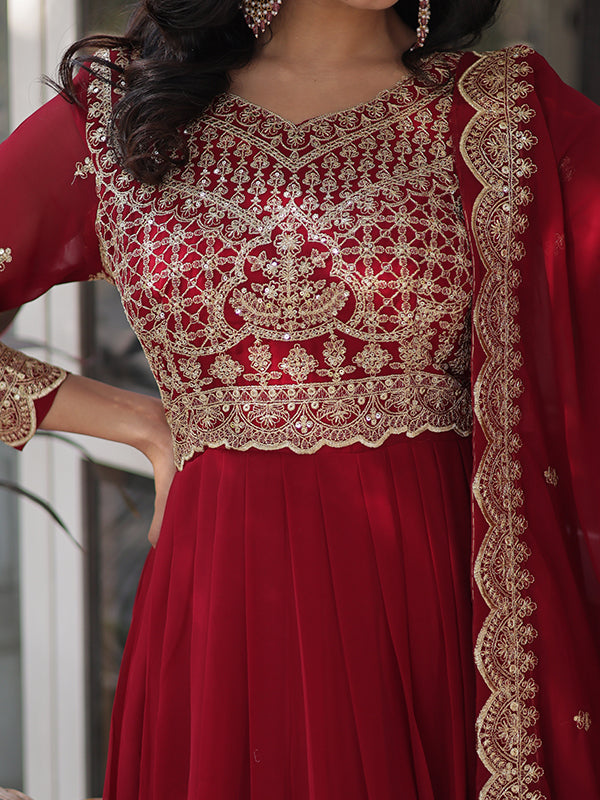 Maroon Faux Blooming Sequins Embroidered Gown With Dupatta