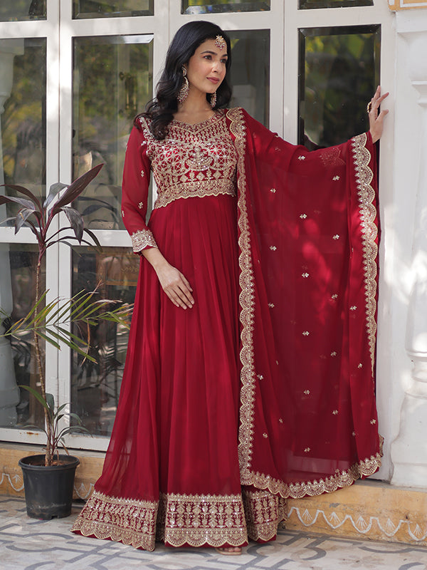 Maroon Faux Blooming Sequins Embroidered Gown With Dupatta