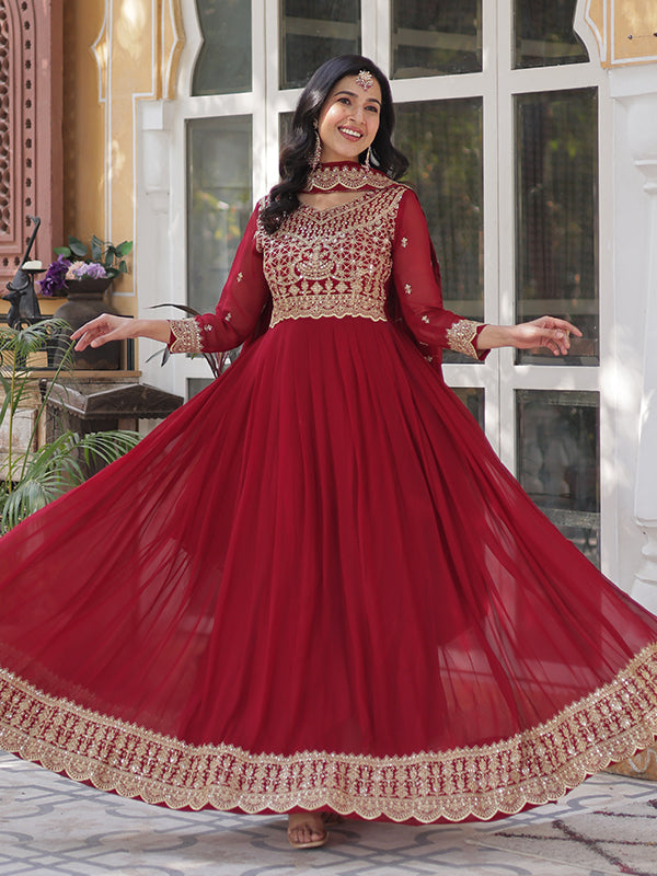 Maroon Faux Blooming Sequins Embroidered Gown With Dupatta