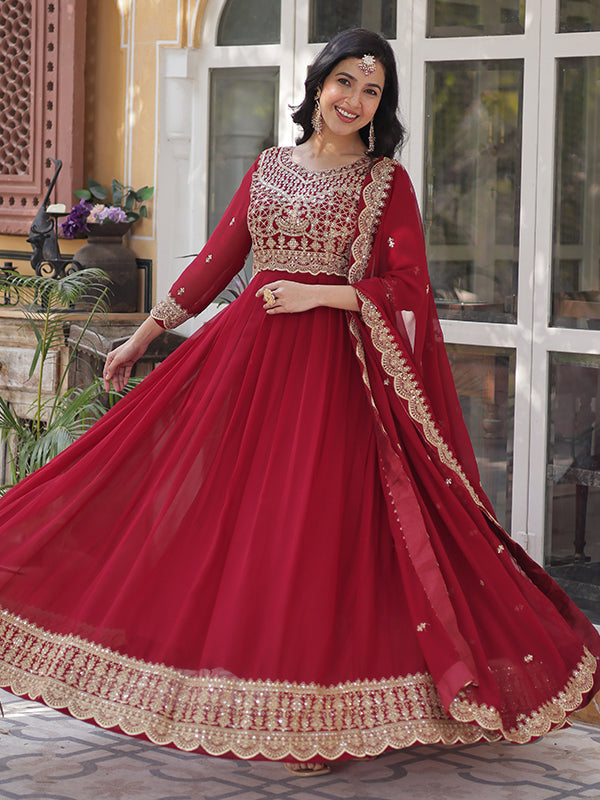 Maroon Faux Blooming Sequins Embroidered Gown With Dupatta