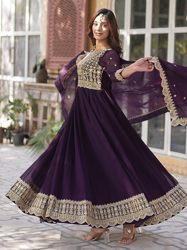 Wine Faux Blooming Sequins Embroidered Gown With Dupatta