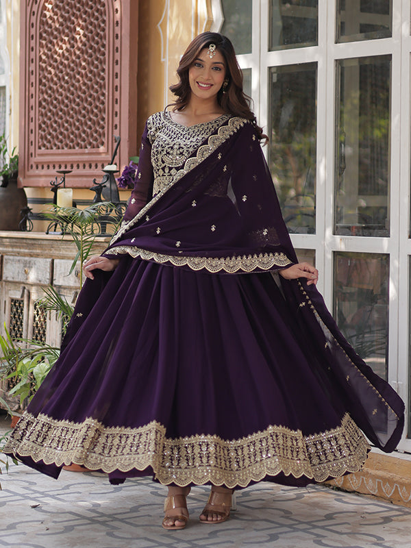 Wine Faux Blooming Sequins Embroidered Gown With Dupatta