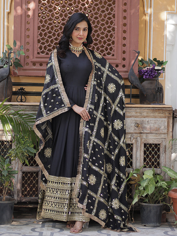 Black Georgette Zari Sequins Embroidered Gown With Dupatta