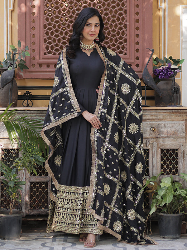 Black Georgette Zari Sequins Embroidered Gown With Dupatta