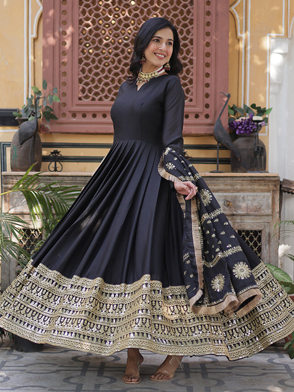 Black Georgette Zari Sequins Embroidered Gown With Dupatta