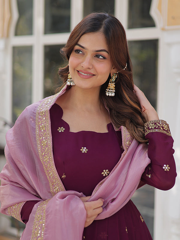 Wine Maroon Georgette Sequins Embroidered Gown With Dupatta