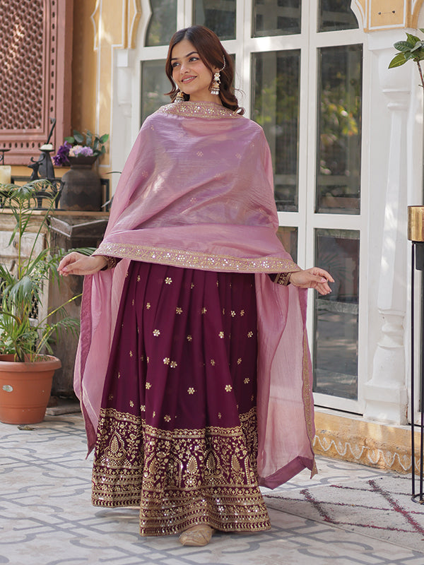 Wine Maroon Georgette Sequins Embroidered Gown With Dupatta
