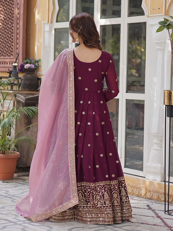 Wine Maroon Georgette Sequins Embroidered Gown With Dupatta