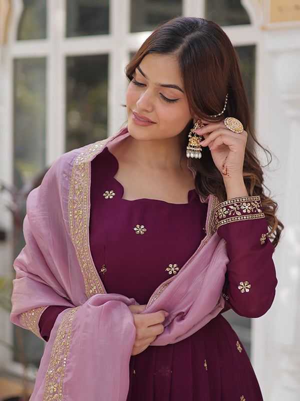 Wine Maroon Georgette Sequins Embroidered Gown With Dupatta