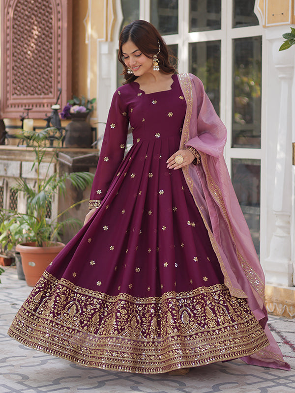 Wine Maroon Georgette Sequins Embroidered Gown With Dupatta