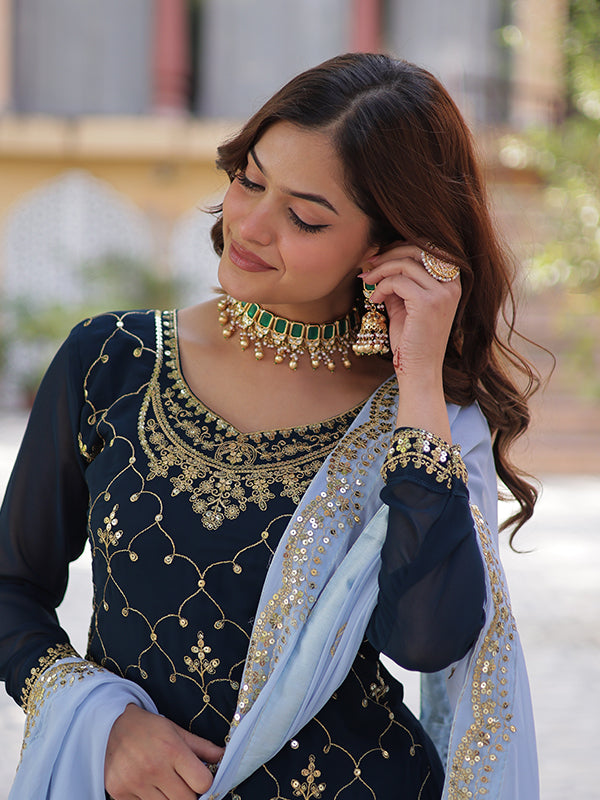 Blue Faux Blooming Embroidered Kurta With Sharara & Dupatta