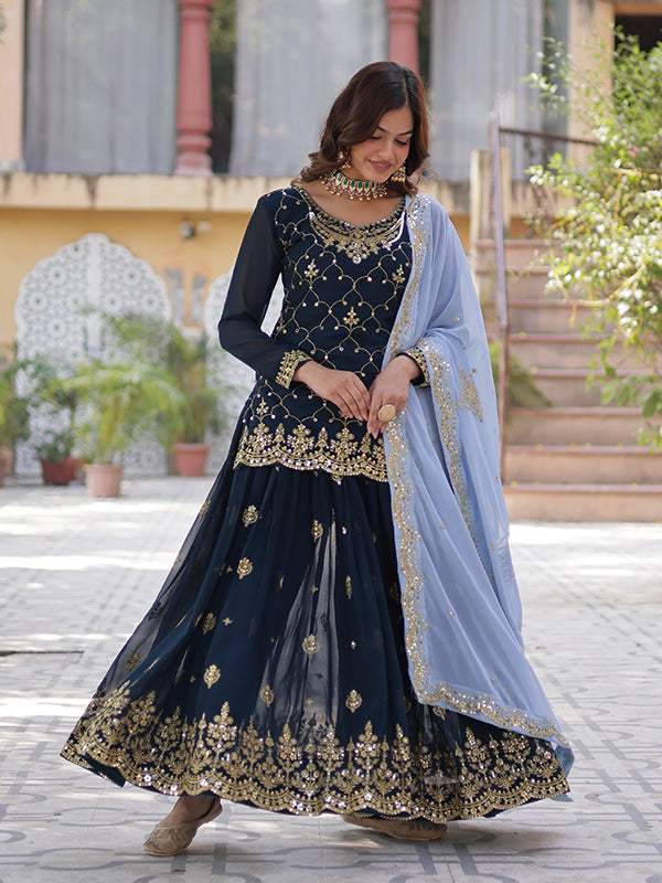 Blue Faux Blooming Embroidered Kurta With Sharara & Dupatta