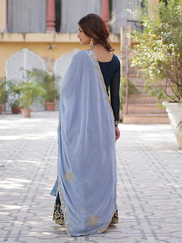 Blue Faux Blooming Embroidered Kurta With Sharara & Dupatta