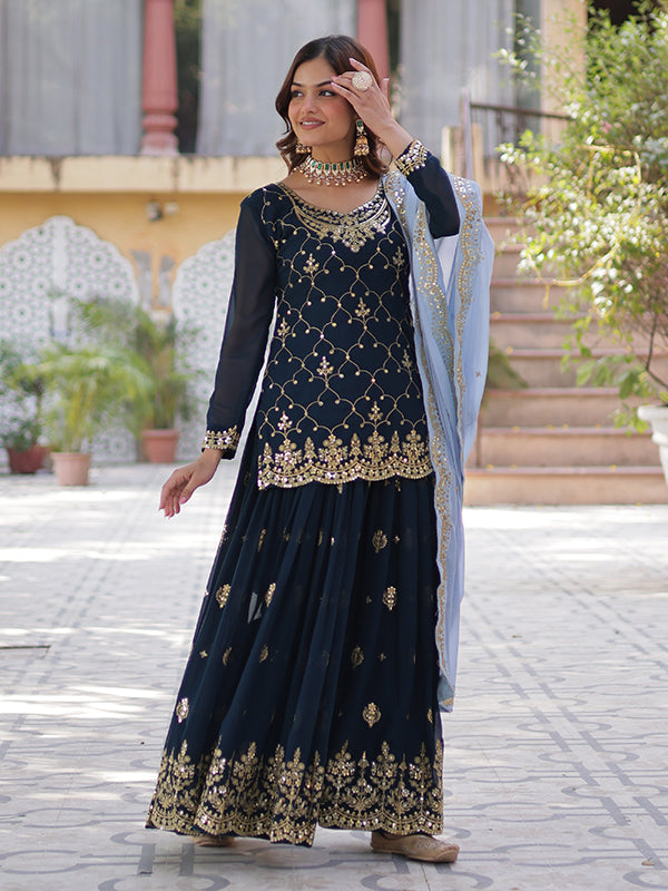 Blue Faux Blooming Embroidered Kurta With Sharara & Dupatta