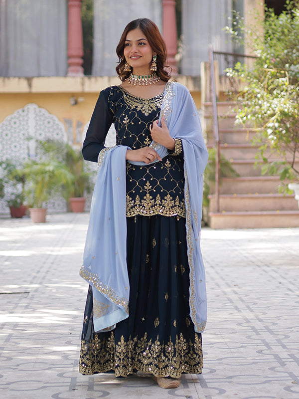 Blue Faux Blooming Embroidered Kurta With Sharara & Dupatta