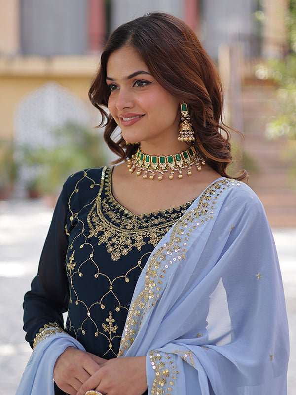 Blue Faux Blooming Embroidered Kurta With Sharara & Dupatta