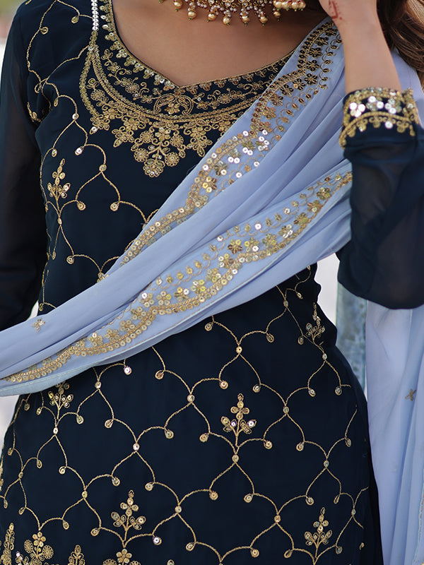 Blue Faux Blooming Embroidered Kurta With Sharara & Dupatta