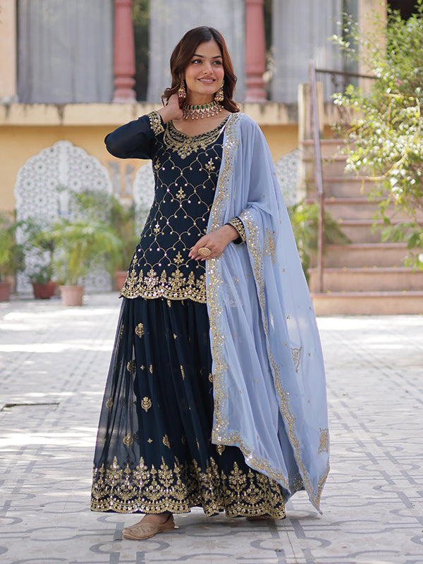 Blue Faux Blooming Embroidered Kurta With Sharara & Dupatta