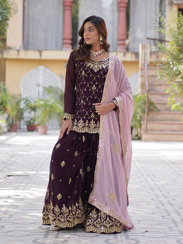 Wine Faux Blooming Embroidered Kurta With Sharara & Dupatta