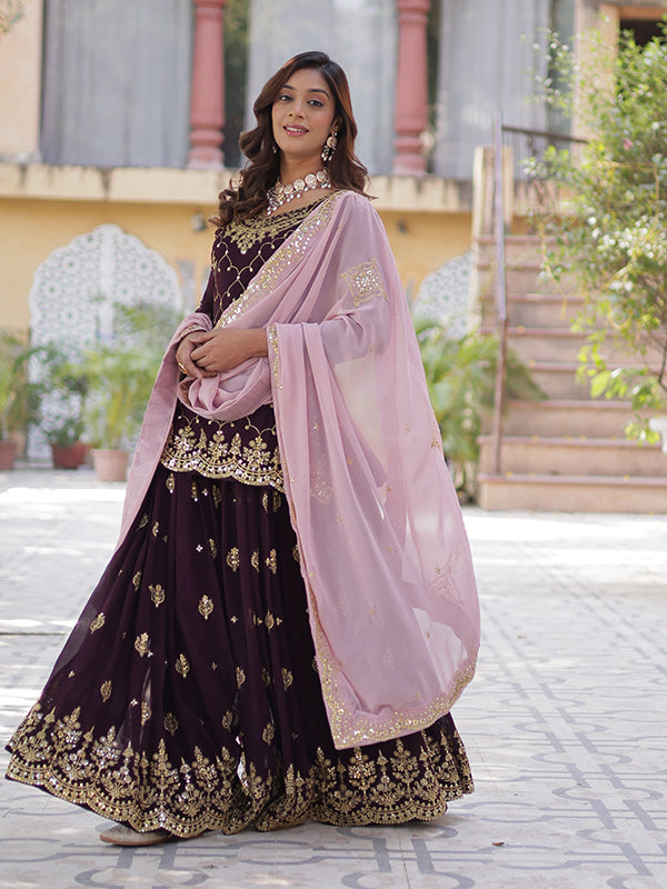 Wine Faux Blooming Embroidered Kurta With Sharara & Dupatta