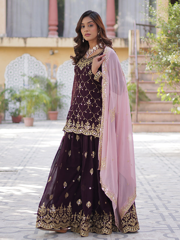 Wine Faux Blooming Embroidered Kurta With Sharara & Dupatta