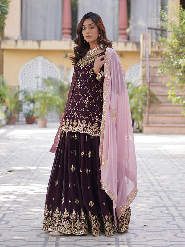 Wine Faux Blooming Embroidered Kurta With Sharara & Dupatta