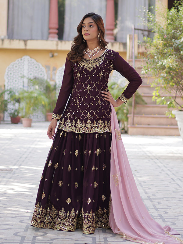 Wine Faux Blooming Embroidered Kurta With Sharara & Dupatta