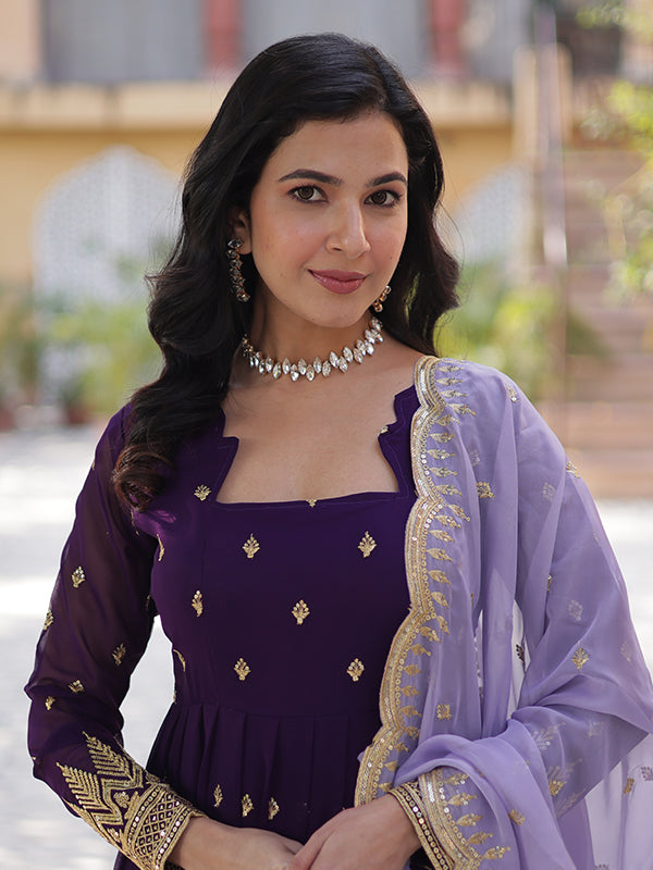 Purple Faux Blooming Sequins Embroidered Gown With Dupatta