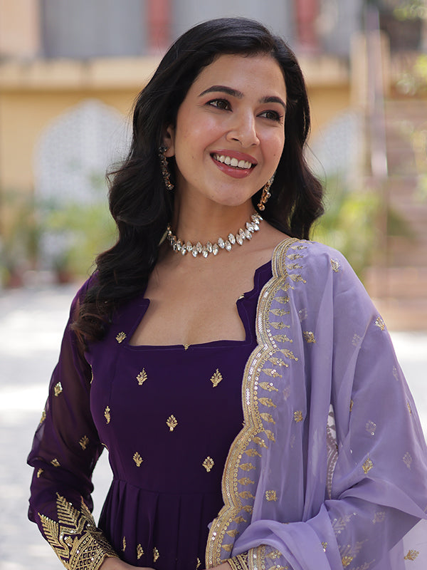 Purple Faux Blooming Sequins Embroidered Gown With Dupatta