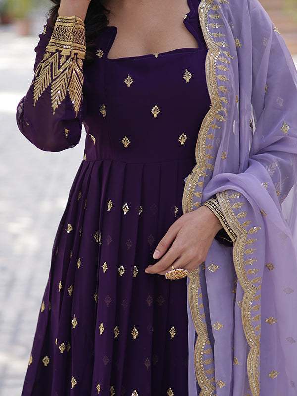 Purple Faux Blooming Sequins Embroidered Gown With Dupatta