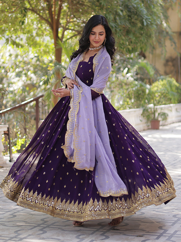 Purple Faux Blooming Sequins Embroidered Gown With Dupatta