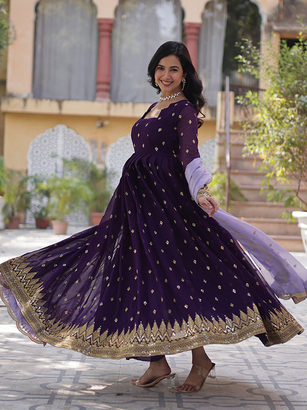 Purple Faux Blooming Sequins Embroidered Gown With Dupatta