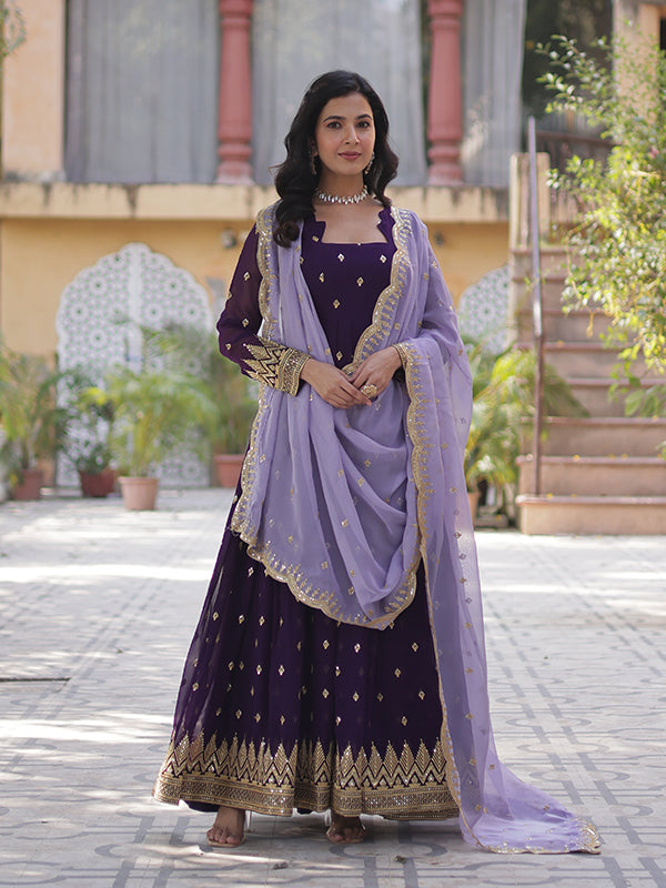 Purple Faux Blooming Sequins Embroidered Gown With Dupatta