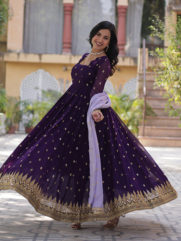 Purple Faux Blooming Sequins Embroidered Gown With Dupatta