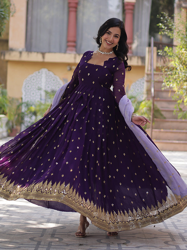 Purple Faux Blooming Sequins Embroidered Gown With Dupatta