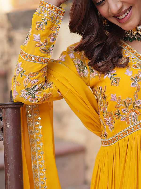 Yellow Faux Blooming Alia Cut Embroidered Suit Set