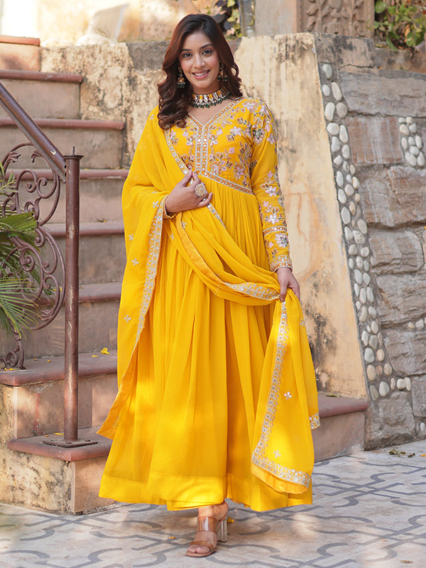 Yellow Faux Blooming Alia Cut Embroidered Suit Set