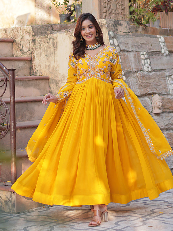 Yellow Faux Blooming Alia Cut Embroidered Suit Set