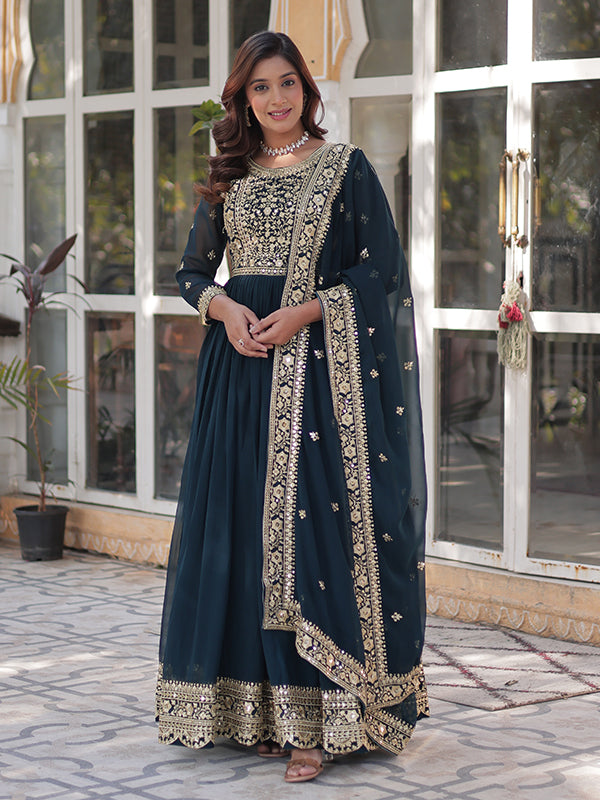Rama Faux Blooming Sequins Embroidered Gown With Dupatta
