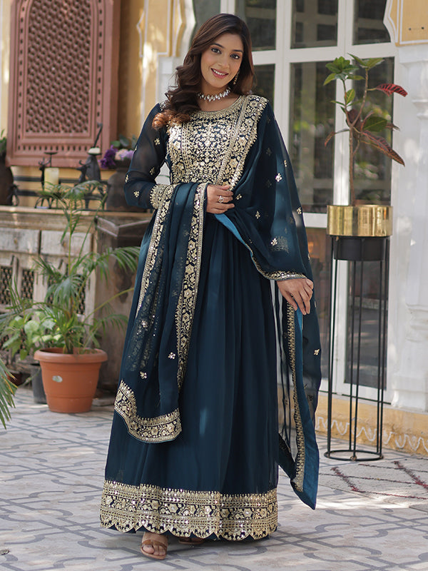 Rama Faux Blooming Sequins Embroidered Gown With Dupatta