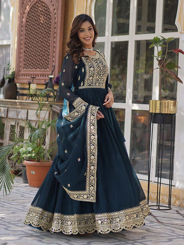 Rama Faux Blooming Sequins Embroidered Gown With Dupatta