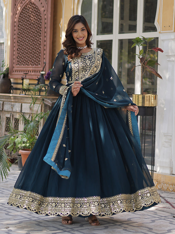 Rama Faux Blooming Sequins Embroidered Gown With Dupatta