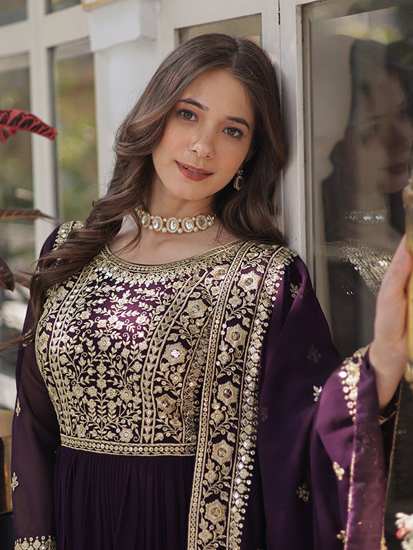 Wine Faux Blooming Sequins Embroidered Gown With Dupatta