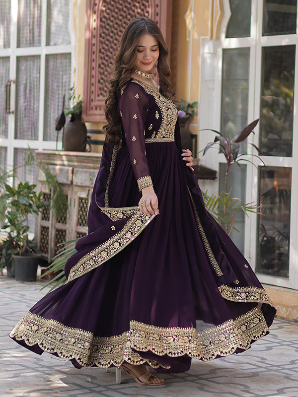 Wine Faux Blooming Sequins Embroidered Gown With Dupatta