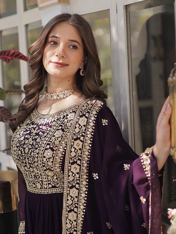 Wine Faux Blooming Sequins Embroidered Gown With Dupatta