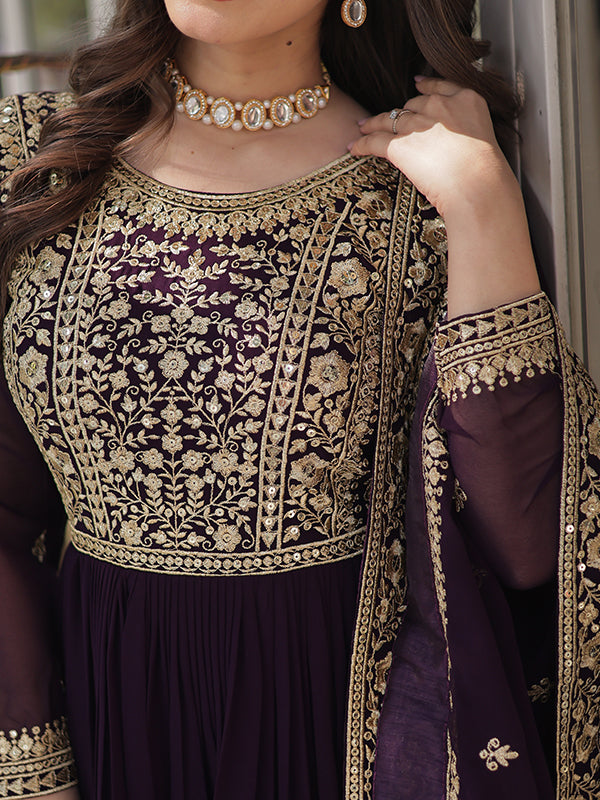 Wine Faux Blooming Sequins Embroidered Gown With Dupatta