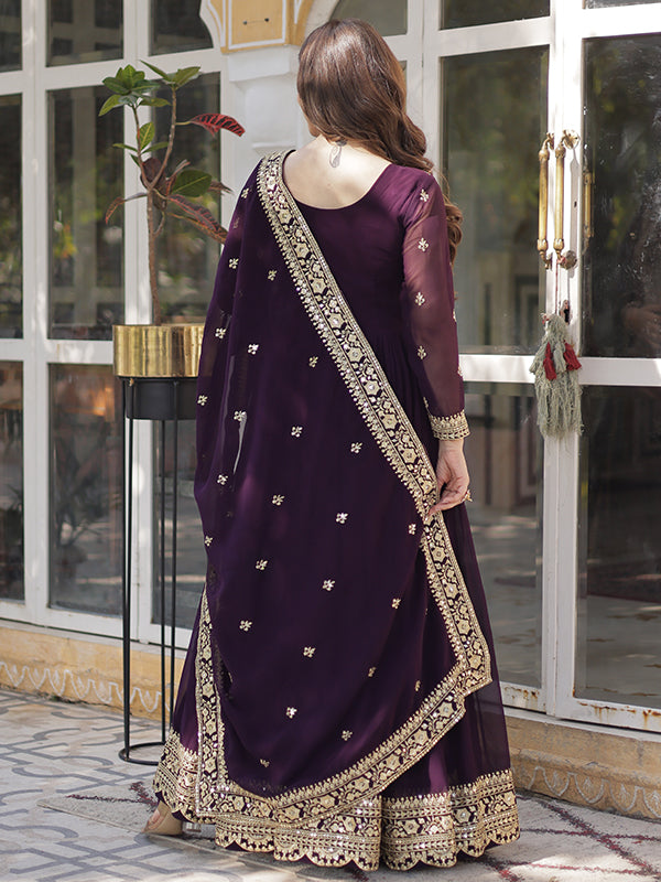 Wine Faux Blooming Sequins Embroidered Gown With Dupatta